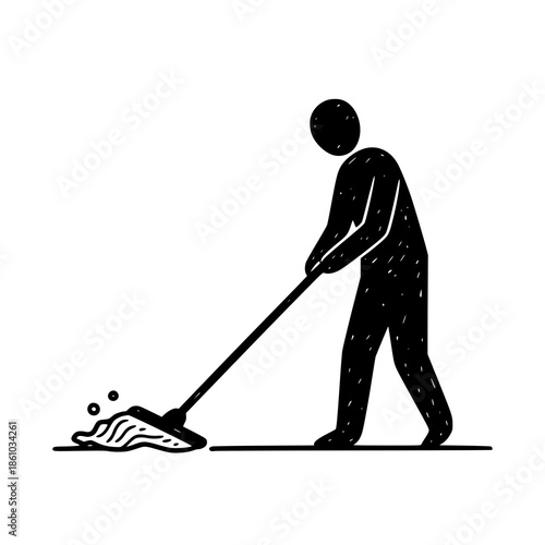 Person mopping the floor in a simple black and white illustration