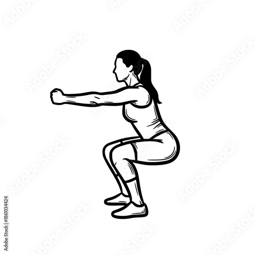 A woman performing a squat exercise in a simple illustration