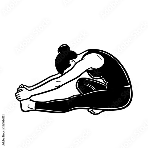 A woman practices yoga in a serene environment, stretching into a forward bend pose.