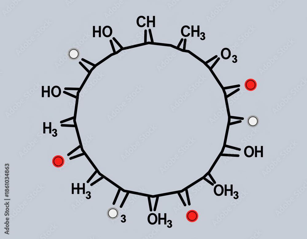 Fototapeta premium Molecular structure of a complex organic compound with hydroxyl and methyl groups attached to a central ring
