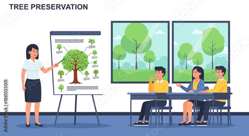 Woman Teaching Tree Preservation to Students.