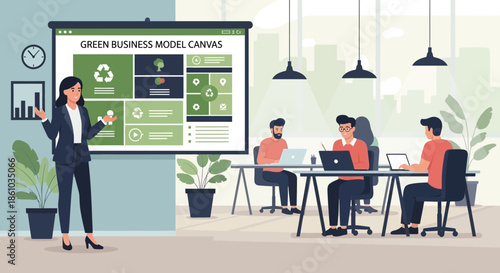 Businesswoman presenting green business model canvas.