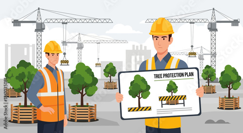 Construction Workers Holding Tree Planting Plan.