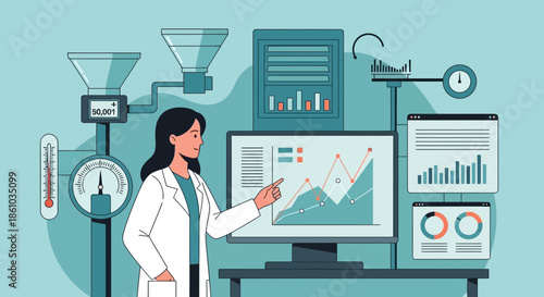Female Scientist Analyzing Data on Computer Screen.