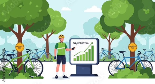 Man presenting graph on digital screen outdoors.