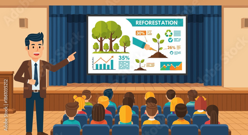 Man presenting reforestation to audience in classroom.
