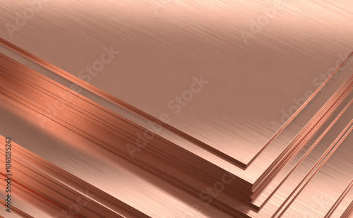 Stacked sheets of copper metal with a smooth and shiny surface at a metalworking site.