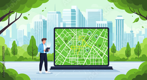 Man viewing large digital map outdoors.