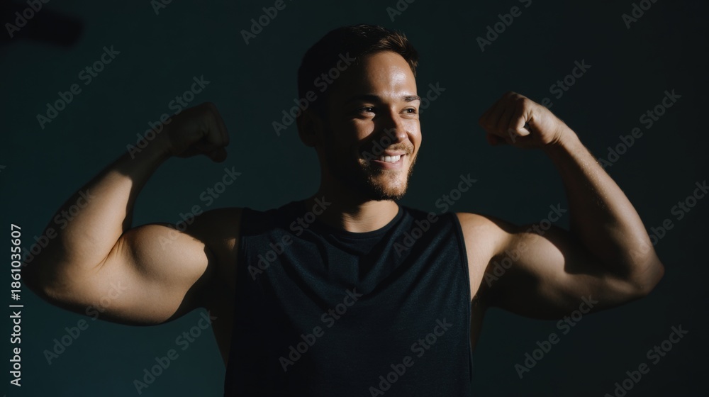 Naklejka premium Portrait of a young man flexing his biceps. he is wearing a black tank top and is standing in front of a dark background. the man is smiling and looking directly at the camera.