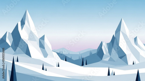 Snowy mountain range with pointed peaks and coniferous trees in winter landscape