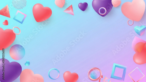 Colorful heart shapes and geometric forms on pastel background for love, valentine's day,