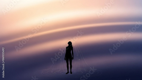 Silhouette of a woman standing alone in a dreamy surreal landscape with ripples and light
