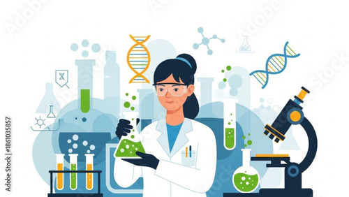 Female scientist in lab coat examining green liquid in beaker with dna structures