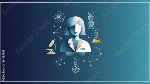 Female scientist surrounded by science symbols and equipment on blue background