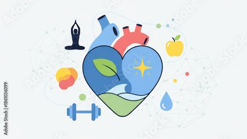 Healthy lifestyle concept with heart, leaf, star, water, apple, yoga, dumbbell, and eco