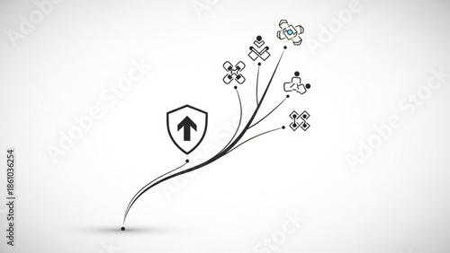 Black and white illustration of a shield with an upward arrow surrounded by growing flowers