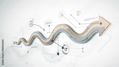 Wavy arrow graph with data points and lines on white background for business analysis