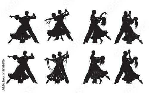 Ballroom dance couple silhouette set with elegant isolated on white background