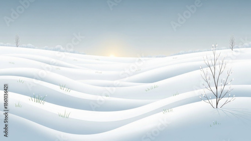 Serene winter landscape with snow covered hills and bare trees at sunrise or sunset