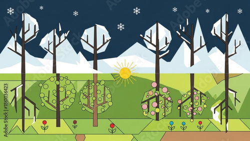 Seasonal change landscape with snowflakes and sun, trees with green and blossoming leaves