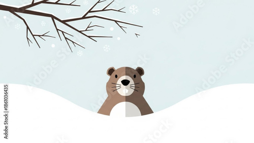 Brown otter peeking out from behind snowy mound under bare tree branch with falling snowflakes