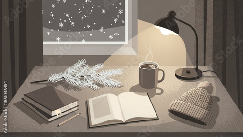Cozy winter study desk with books, coffee, and snow outside window at night