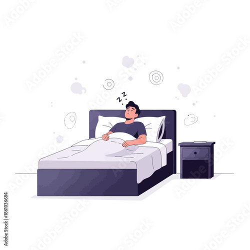 Man Lying in Bed, Dreaming, Peaceful Sleep, Zzz Symbols, Minimalist Illustration