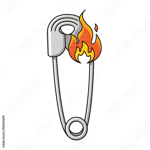Safety pin on fire, illustration, white background, concept of danger, risk, alarm