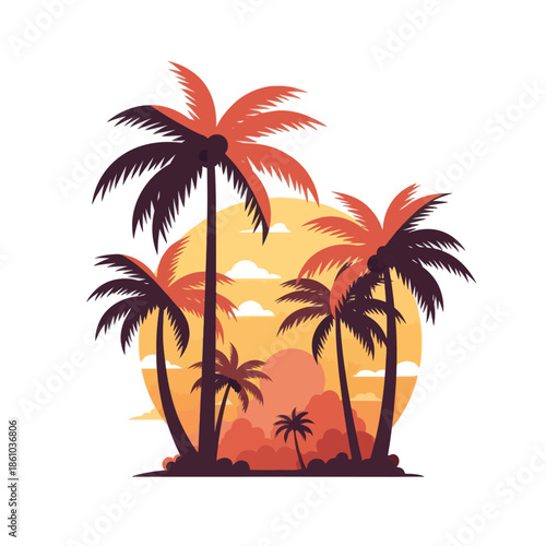 Vibrant Tropical Sunset with Silhouette Palm Trees and Clouds