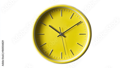 A bright yellow clock face with silver hands and markers