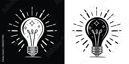 A vintage light bulb illustration with radiating lines, available in both black on white and white on black versions isolated on white background