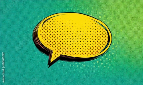 Yellow comic book speech bubble on teal background