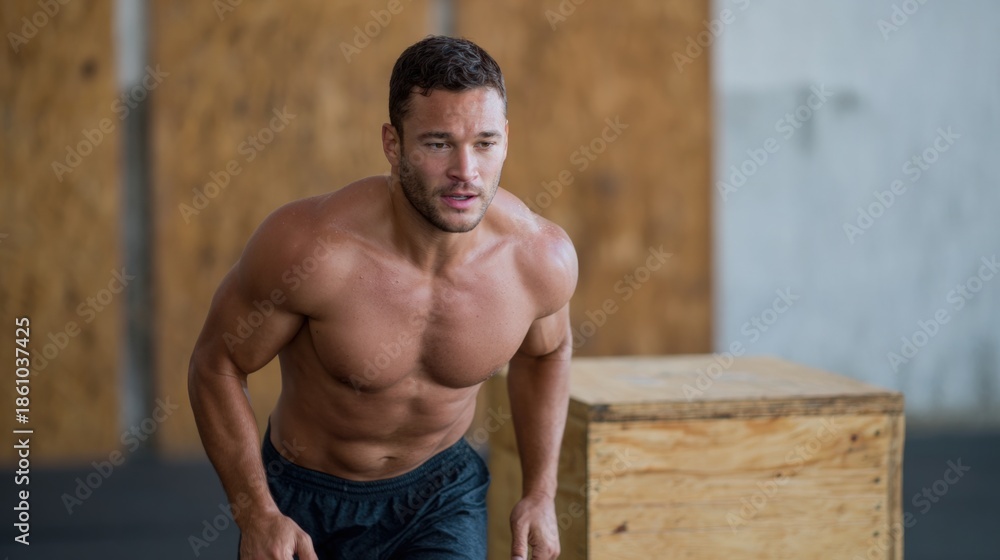 Obraz premium Muscular man in a gym, standing in front of a wooden box. he is shirtless and wearing black shorts, and his body is toned and well-defined.