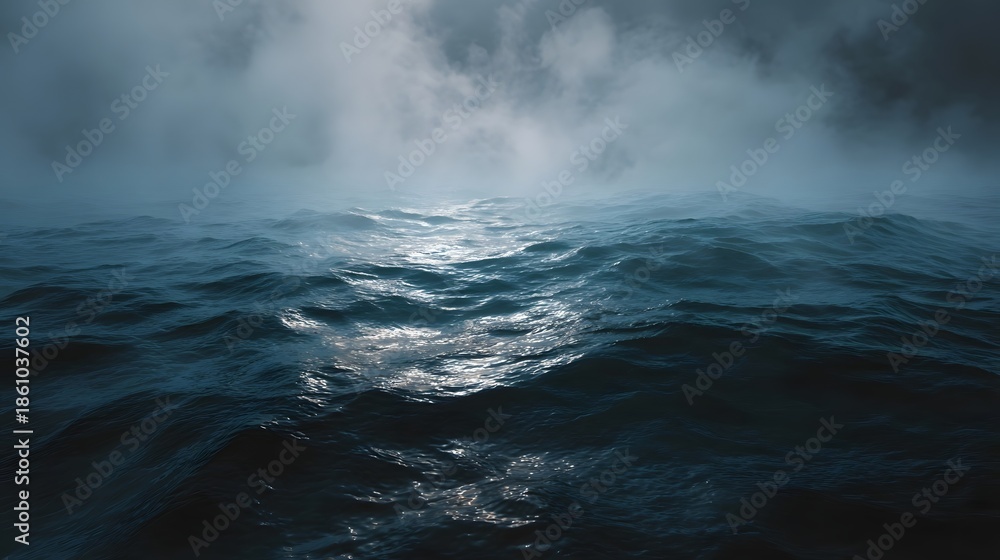 Fototapeta premium Dark choppy ocean waves under a misty overcast sky conveying a dramatic and atmospheric seascape