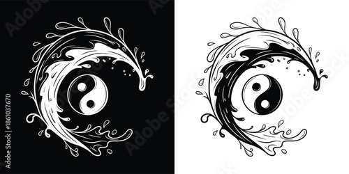 An intricate yin and yang symbol surrounded by swirling water, embodying balance, harmony, and the interconnectedness of opposing forces isolated on white background