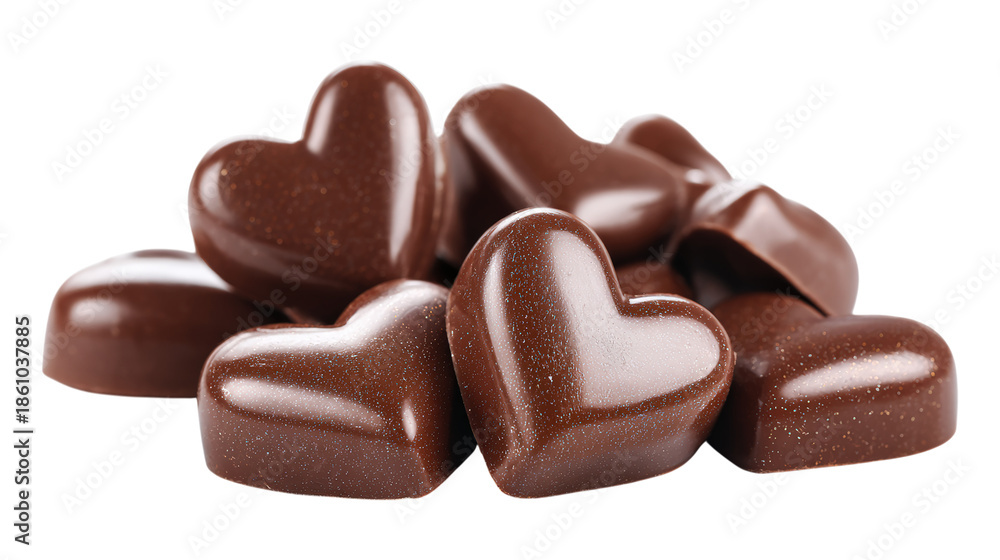 Fototapeta premium Pile of assorted golden dust gourmet chocolate heart shaped candies on transparent background
