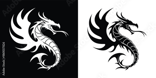A striking dragon emblem in contrasting black and white, showcasing a mythical creature with intricate details and a bold, symbolic design