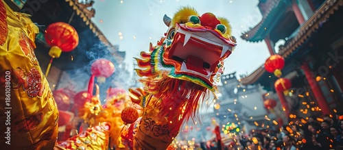 A vibrant inflatable dragon decoration in traditional Chinese festival celebration. Chinese New Year celebration concept