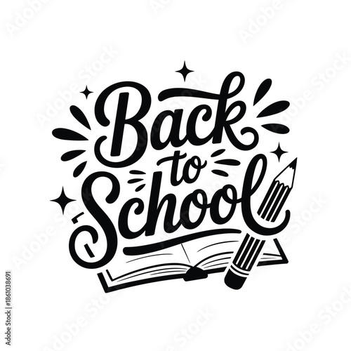Back to school lettering with pencil open book and sparkling elements