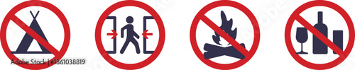 Camping is prohibited sign vector illustration set showing tent shelter symbol with red circle slash over it