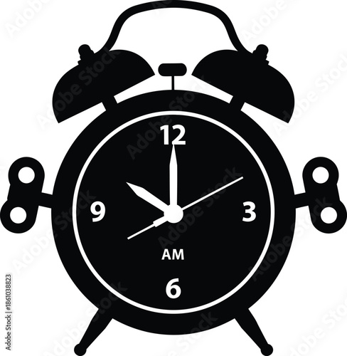 An isolated retro black alarm clock vector illustration featuring a vintage metal bell design to wake you for a morning deadline or time reminder