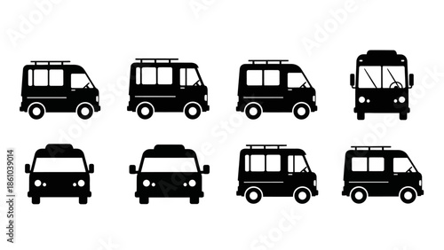 Collection of black silhouette icons depicting various vans and minibuses from different perspectives, some with roof racks, on a white background.