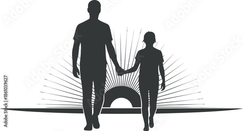 Valentine's day father and son holding hands silhouette with heart design