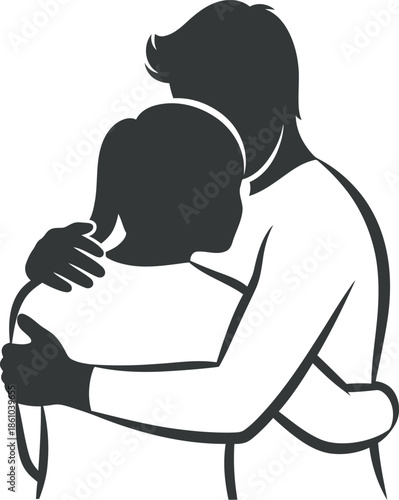 Valentine's day illustration of loving couple embrace in black and white