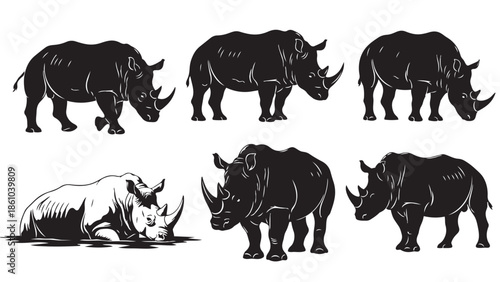 Collection of powerful rhinoceros illustrations in various dynamic poses and styles