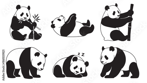 Adorable panda bears in various playful and relaxing poses, black and white illustration set