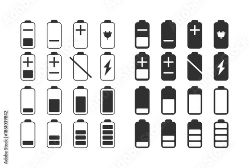 Battery Icons Vector Pack , High Quality Fill and Outline Energy, Power, Charging, Technology, Mobile, Electronic Device Icons for Web, App, UI and Graphic Design