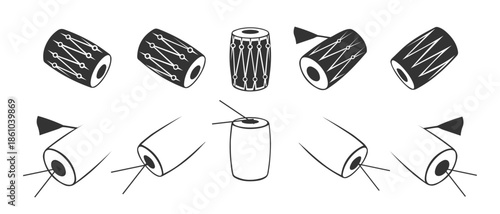 Dhol Drum Black Vector Icons Set, Fill and Outline Traditional Musical Instrument Illustration