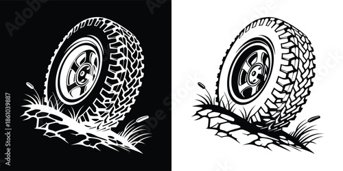 A tire rolling through mud, depicted in a black and white sketch, showcasing the ruggedness and adventure of offroad driving and automotive design