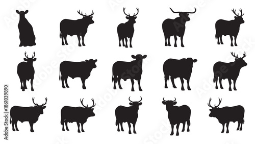 Collection of diverse animal silhouettes including deer, cattle, and horned mammals